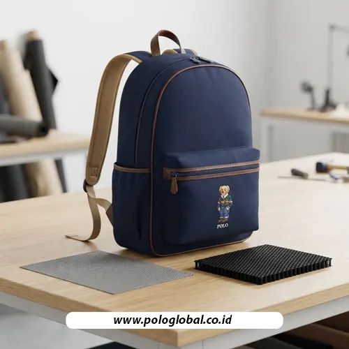 Backpack Polo Global BP-001 dan sampel mesh 2D serta 3D untuk evaluasi panel punggung
