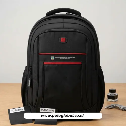 Backpack Polo Global BP-003 dengan sampel kain PU dan PVC untuk produksi custom
