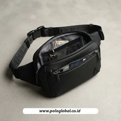 Detail kompartemen dan resleting pada waistbag custom