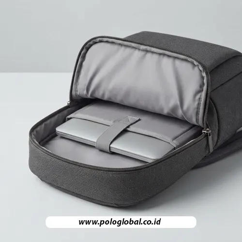 Ilustrasi konstruksi bagian dasar kompartemen laptop pada ransel custom