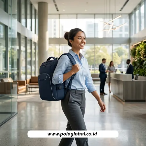 Karyawan menggunakan ransel kantor custom untuk aktivitas kerja sehari-hari.