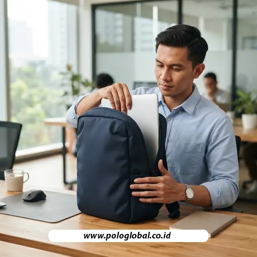 Karyawan menggunakan ransel laptop dengan ruang penyimpanan khusus