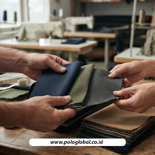 Pemeriksaan sampel bahan sebelum memesan tas custom di pabrik