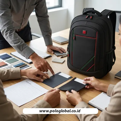 Pemeriksaan sampel bahan tas sebelum memesan ransel custom perusahaan