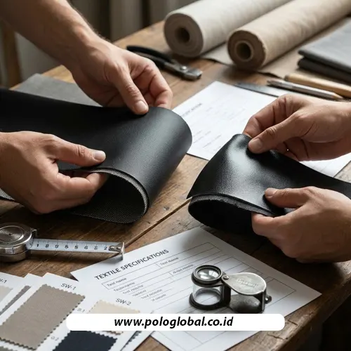 Pemeriksaan sampel coating kain tas sebelum pemilihan bahan ransel custom