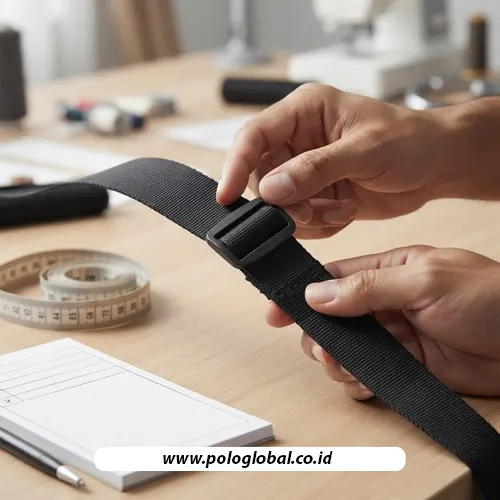Pemeriksaan webbing, buckle, dan jahitan tali sebelum produksi sling bag custom