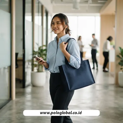 Penggunaan tote bag custom dengan tali bahu untuk aktivitas kantor