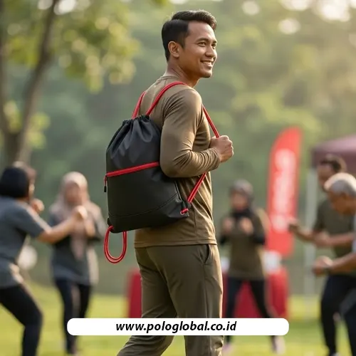 Peserta outbound kantor menggunakan tas serut custom saat kegiatan team building