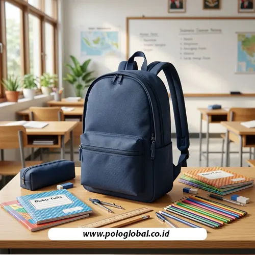 Tas paket perlengkapan sekolah berisi buku dan alat tulis untuk program pendidikan