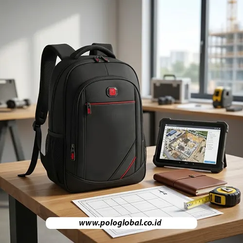 Tas ransel tim survei dengan perlengkapan kerja lapangan dan tablet