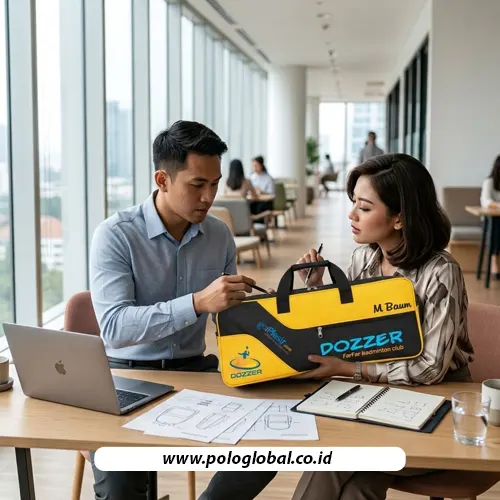 Tim purchasing membahas spesifikasi dan penawaran pengadaan tas custom