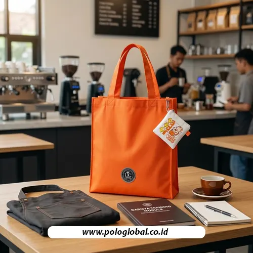 Tote bag pelatihan barista dengan paket modul dan apron untuk peserta kelas kopi